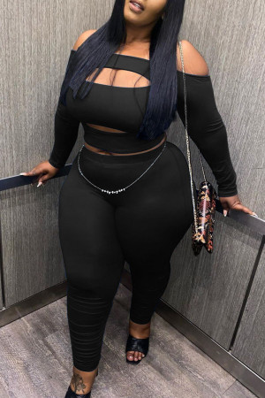 Black Sexy Solid Hollowed Out Split Joint Off the Shoulder Plus Size Two Pieces