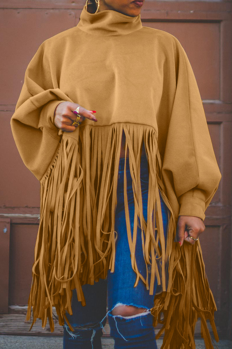

Khaki Fashion Vintage Solid Tassel Turtleneck Plus Size Overcoat