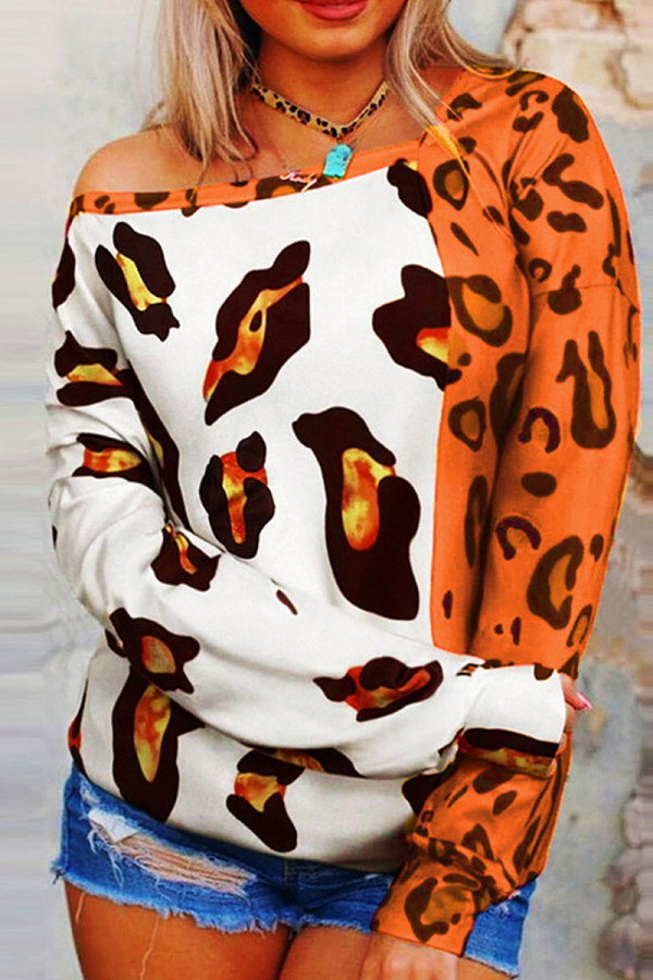 Orangefarbene, modische, lässige Leoparden-Patchwork-Oberteile mit Print