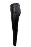 Calças pretas moda casual com fenda sólida regular cintura alta