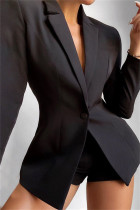 ブラックファッションカジュアルソリッドベーシックターンダウンカラー長袖ツーピース