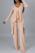 Apricot Pink Casual Solid Patchwork Asymmetrical V Neck Long Sleeve Two Pieces