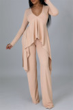 Apricot Pink Casual Solid Patchwork Asymmetrical V Neck Long Sleeve Two Pieces