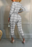 Grey Casual Print Patchwork Buckle O Neck Long Sleeve Two Pieces
