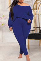 Blue Fashion Casual Solid Basic Schuine Kraag Plus Size Two Pieces