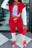 Red Fashion Casual Patchwork Cardigan Pants Long Sleeve Two Pieces