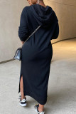 Vestidos de manga comprida com gola com capuz preto moda casual com fenda sólida