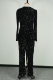 Black Fashion Casual Solid Sequins Patchwork V Neck Long Sleeve Jumpsuits