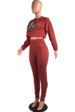 Purplish Red Casual Print Patchwork O Neck Long Sleeve Two Pieces