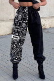 Pantalones de retazos con estampado de calle rectos de talle alto con estampado de posicionamiento recto negro