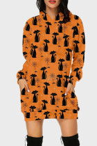 オレンジ ストリート プリント パッチワーク フード付きカラー 長袖ドレス