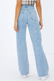 Light Blue Fashion Casual Solid Basic High Waist Straight Denim Jeans
