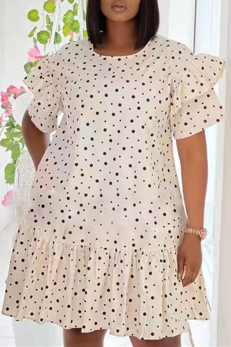 

Apricot Fashion Casual Dot Print Split Joint O Neck Short Sleeve Dress Dresses