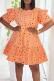 Vestido de manga corta con cuello en O de patchwork con estampado de lunares casual de moda naranja Vestidos