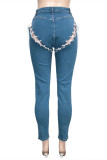 Blå Mode Casual Solid Bandage urholkat Patchwork Vanliga jeans med hög midja