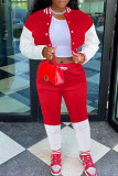 Cardigan casual patchwork moda rosso pantaloni manica lunga due pezzi