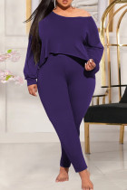 Фиолетовый модный повседневный однотонный базовый косой воротник плюс размер из двух частей