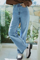 Light Blue Fashion Casual Solid Basic High Waist Straight Wide Leg Denim Jeans