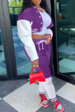 Pantaloni cardigan patchwork casual alla moda viola a maniche lunghe in due pezzi
