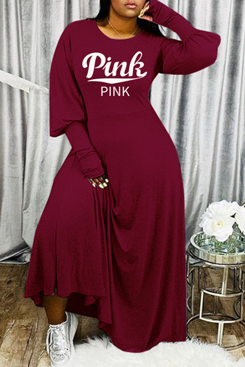 

Burgundy Fashion Casual Letter Print Basic O Neck Long Sleeve Dresses