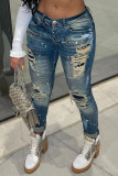 Blauwe sexy print met gescheurde, oude patchwork normale denim jeans met middelhoge taille
