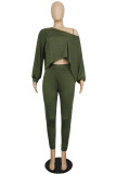 Colarinho oblíquo básico da moda verde exército moda casual plus size duas peças