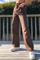 Jeans denim reto básico marrom moda casual sólido cintura alta