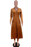 Brown Casual Solid Patchwork Buttons Turndown Collar Long Sleeve Two Pieces