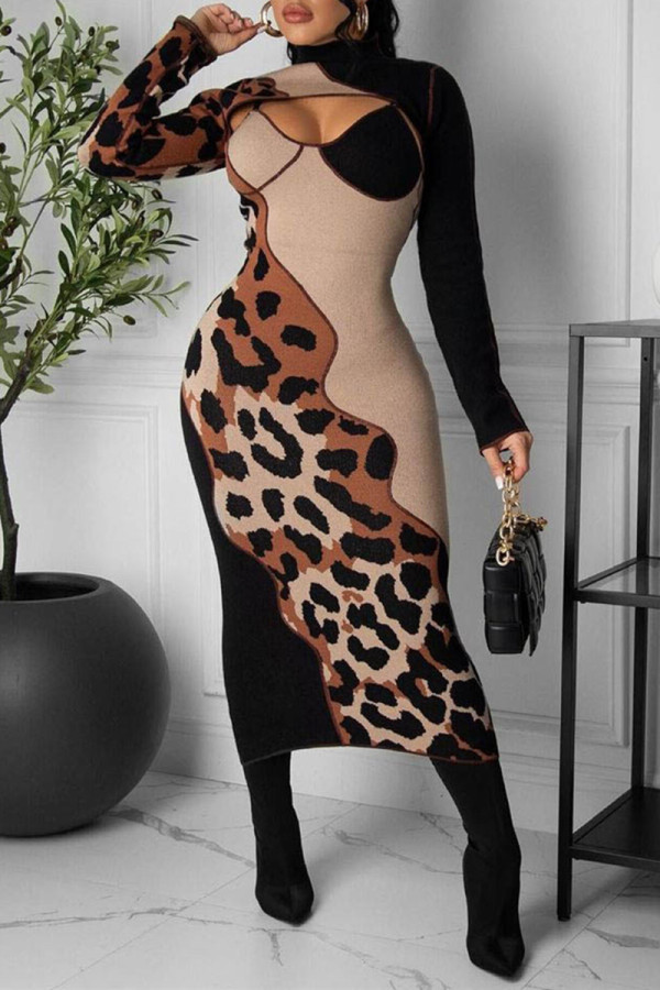 Abiti a maniche lunghe con collo alto scolpito con stampa patchwork sexy alla moda con stampa leopardata