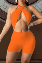 オレンジ色のセクシーなソリッドホローアウトバックレスストラップデザインホルタースキニーロンパース