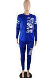 Blue Fashion Casual Adult Letter Print Letter O Neck Long Sleeve Regular Sleeve Regular Two Pieces
