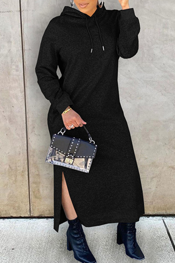 ブラックファッションカジュアルソリッドスリットフード付きカラー長袖ドレス