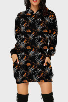 ブラック ストリート プリント パッチワーク フード付き カラー ロング スリーブ ドレス