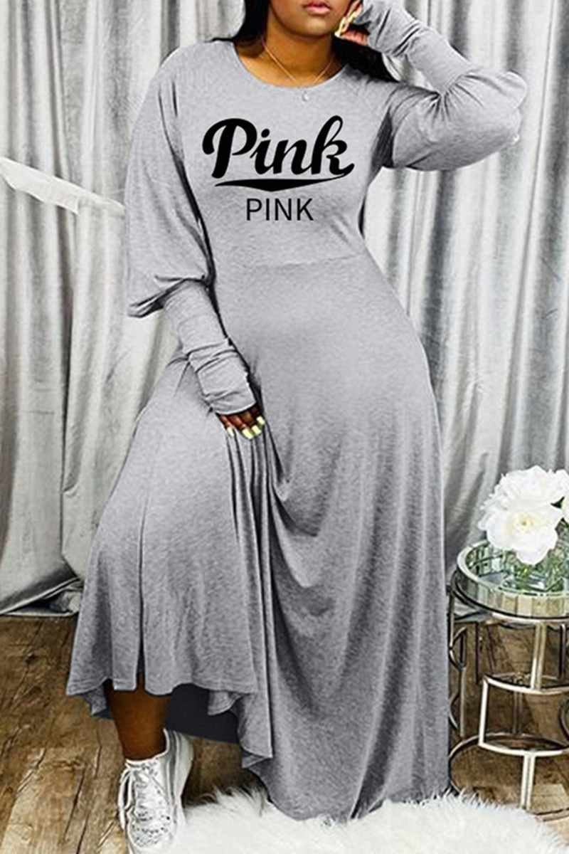 

Grey Fashion Casual Letter Print Basic O Neck Long Sleeve Dresses