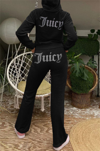 Black Fashion Casual Print Hot Drill Hooded Collar Long Sleeve Two Pieces
