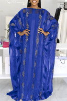 ブルー ファッション カジュアル ソリッド ホット ドリル O ネック ロング ドレス プラス サイズ XNUMX ピース