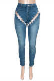 Jeans De Mezclilla Regulares De Cintura Alta Con Retazos Ahuecados Vendaje Sólido Casual De Moda Azul
