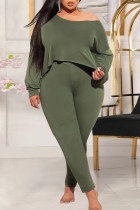 Colarinho oblíquo básico da moda verde exército moda casual plus size duas peças