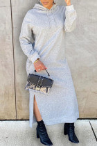 グレーファッションカジュアルソリッドスリットフード付き襟長袖ドレス