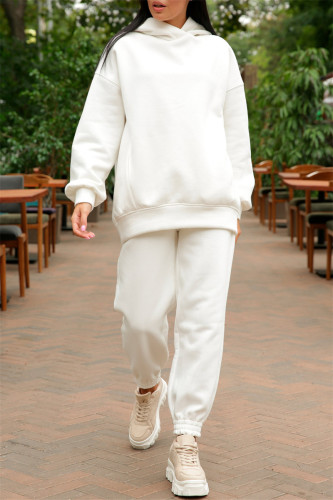 White Fashion Casual Solid Basic Hooded Collar Long Sleeve Two Pieces