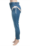 Bleu mode décontracté solide pansement évidé Patchwork taille haute jean en Denim régulier