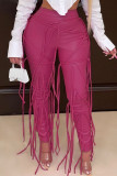 Pantalones lápiz de cintura alta regular de retazos de borla sólida informal de moda rojo rosa
