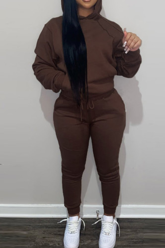 Coffee Fashion Casual Solid Basic Hooded Collar Long Sleeve Two Pieces