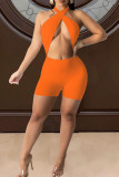 Macacão fino laranja sexy sólido vazado sem costas com design halter
