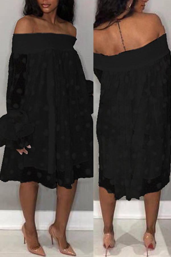 Schwarzes, sexy, süßes, süßes, festes Polka Dot Mesh-Kleid aus schulterfreiem Kuchenrock