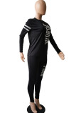 Black Fashion Casual Adult Letter Print Letter O Neck Long Sleeve Regular Sleeve Regular Two Pieces