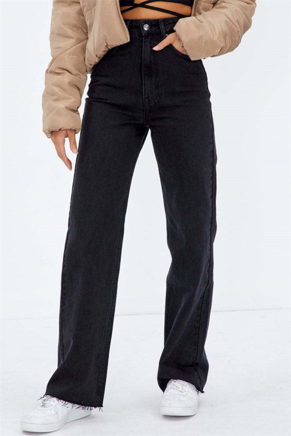 Черные модные повседневные однотонные прямые джинсы с высокой талией