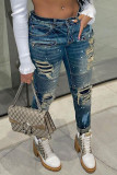 Blauwe sexy print met gescheurde, oude patchwork normale denim jeans met middelhoge taille