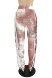 Pantaloni a vita alta regolari a vita alta con stampa tie-dye e nappe color polvere di corallo