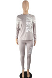 Grey Fashion Casual Adult Letter Print Letter O Neck Long Sleeve Regular Sleeve Regular Two Pieces